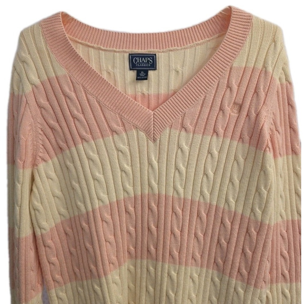 Chaps Women's‎ XL Pink & White Knitted V Neck Sweater Cotton Striped Classic